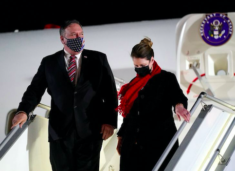 US Secretary Pompeo and his wife Susan step off a plane at Tbilisi International Airport on 17 November 2020. Credit to Reuters