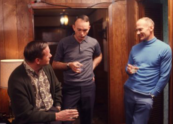 Armstrong, Collins, and Aldrin chat over drinks in Houston, March 1969. Credit to Time Magazine