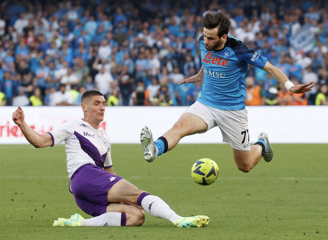 Khvicha Kvaratskhelia in action Fiorentina's Nikola Milenkovic, Serie A Napoli v Fiorentina at Stadio Diego Armando Maradona, Naples, Italy (2023-05-07). Credit to REeuters/Ciro De Luca