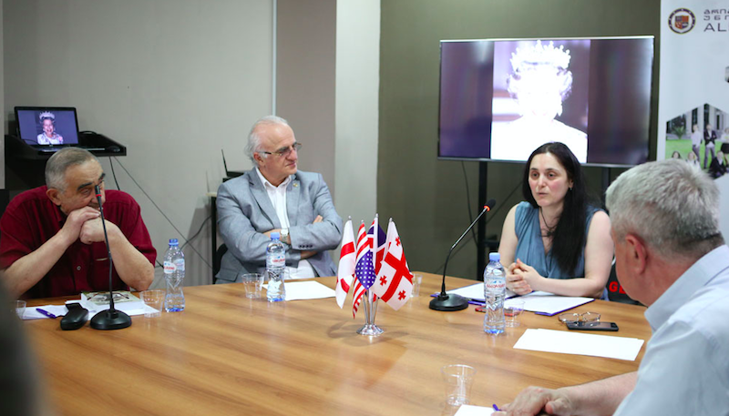 Professor Rezo Balanchivadze, Professor Mamuka Tavkhelidze, Professor Maia Nadareishvili, Professor Vasil Kacharava at the presentation. Credit to BRAMS/Ambris