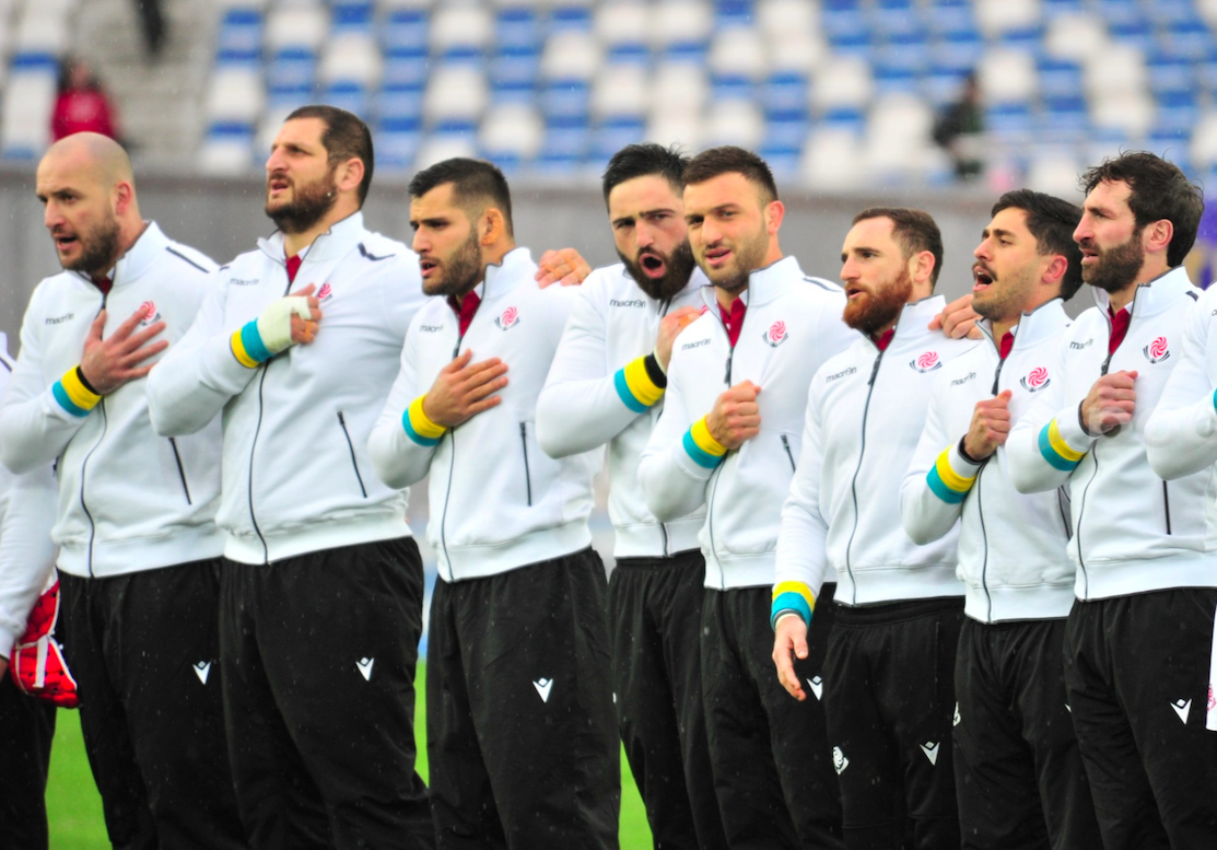 The Lelos pay a tribute to Ukraine while performing the national anthem of Georgia at Rugby Euro Championship 2022. Credit to Popsport