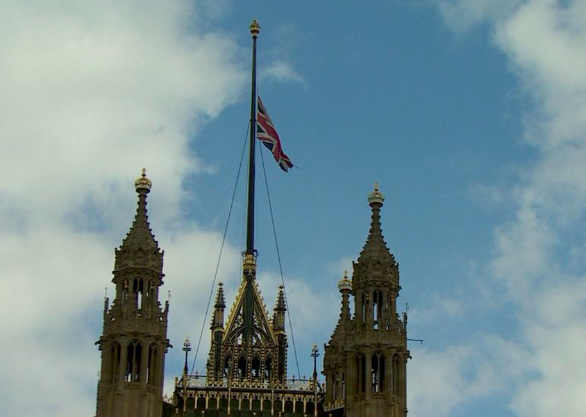 The union jack flying over the Houses of Parliament was lowered to half-mast on Friday as a mark of respect. Credit to BBC News