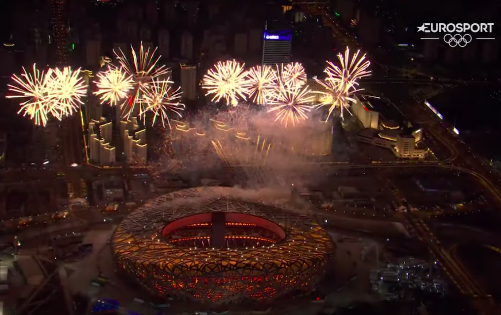 Fireworks during the opening ceremony of the 2022 Winter Olympics. Screengrab from Eurosport