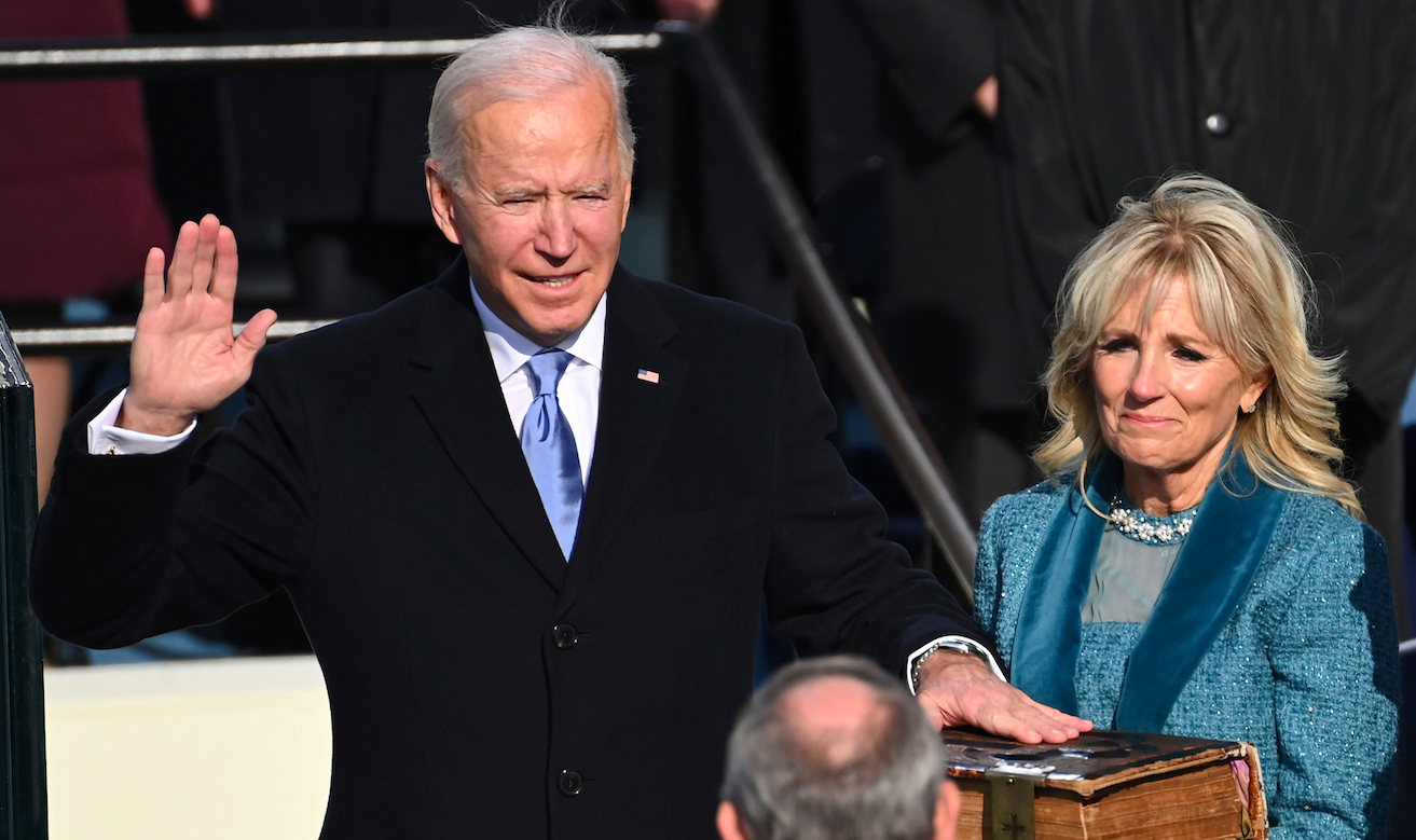 Joe Biden sworn in as 46th-president supported with his wife Jill Biden. Credit to VOA News