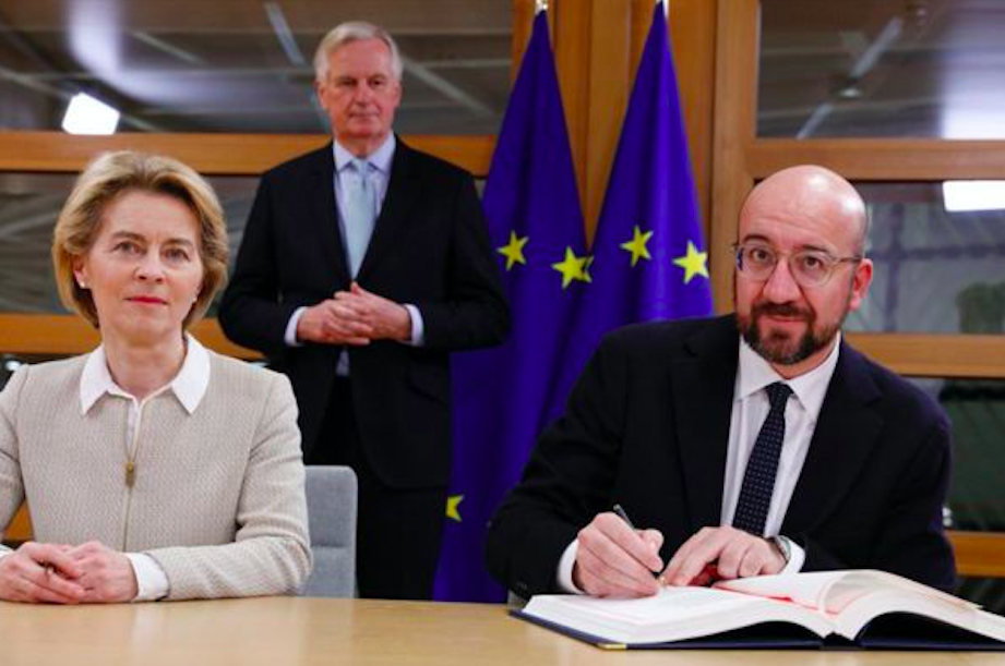 Michel Barnier, the EU Commission official who spent more than three years negotiating Brexit, watched Charles Michel signing the Withdrawal Agreement today. Credit to BBC News