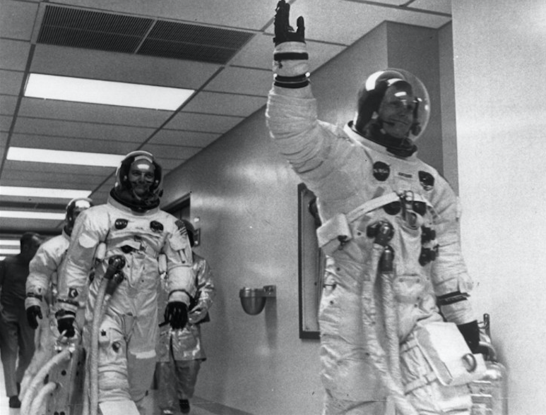 Neil Armstrong leads crewmates Buzz Aldrin and Michael Collins out of the space centre on the Apollo 11 space mission to the Moon. Credit: CNN