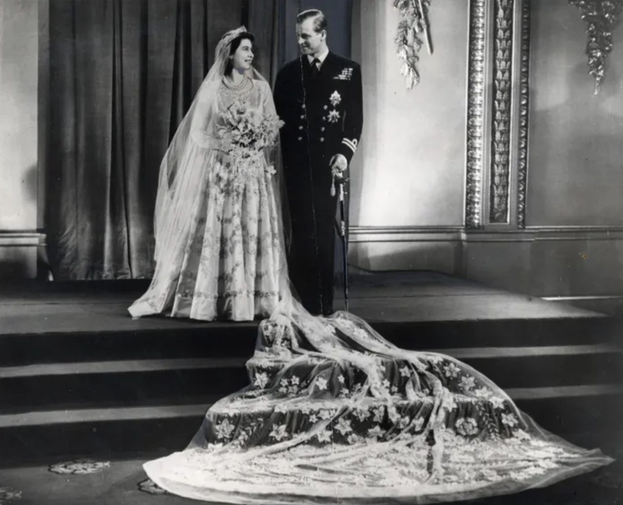 Princess Elizabeth and the Duke of Edinburgh on their wedding day in 1947. Credit to Evening News/Shutterstock