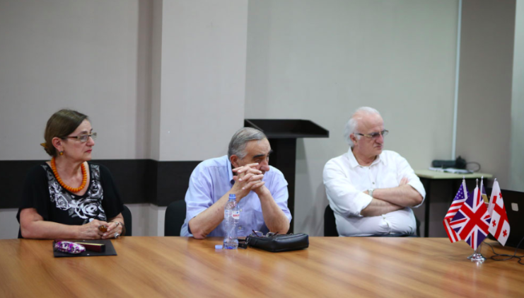 Professor Diana Tkebuchava, Academician Rezo Balanchivadze, and Professor Mamuka Tavkhelidze (L-R) attend the annual report. Credit to Mari Moseshvili/BRAMS