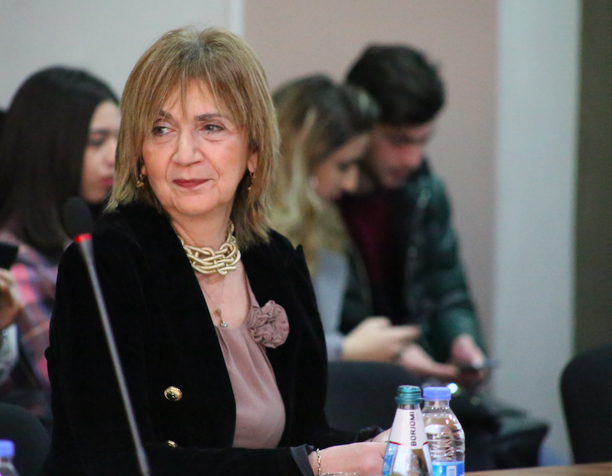 Professor Khatuna Kacharava at the public lecture by Nathan Carpenter. Credit to Mari Moseshvili