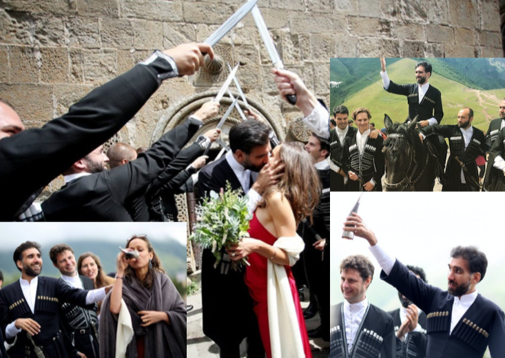 Teimuraz and Constance Gorjestani with a drinking horn on their wedding in Kazbegi, Georgia (2018). Credit to Intermedia
