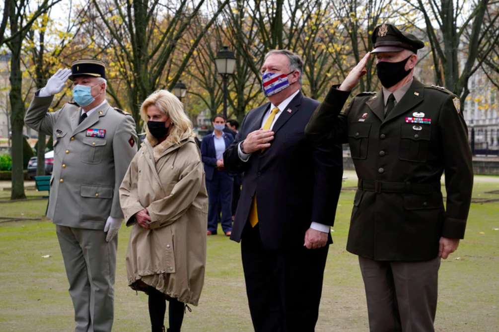 US Secretary of State (second from right) participate in a wreath-laying ceremony for terrorism victims at Les Invalides in Paris on 16 November 2020. Credit to VOA News