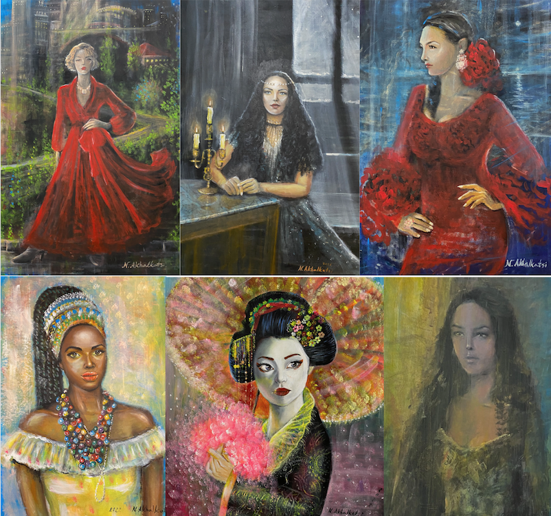 A woman in red, Thoughts in the moonlight, Flamenco dancer, An African girl, Geisha's world, Mysterious, by Nino Akhalkatsi. Credit to BRAMS