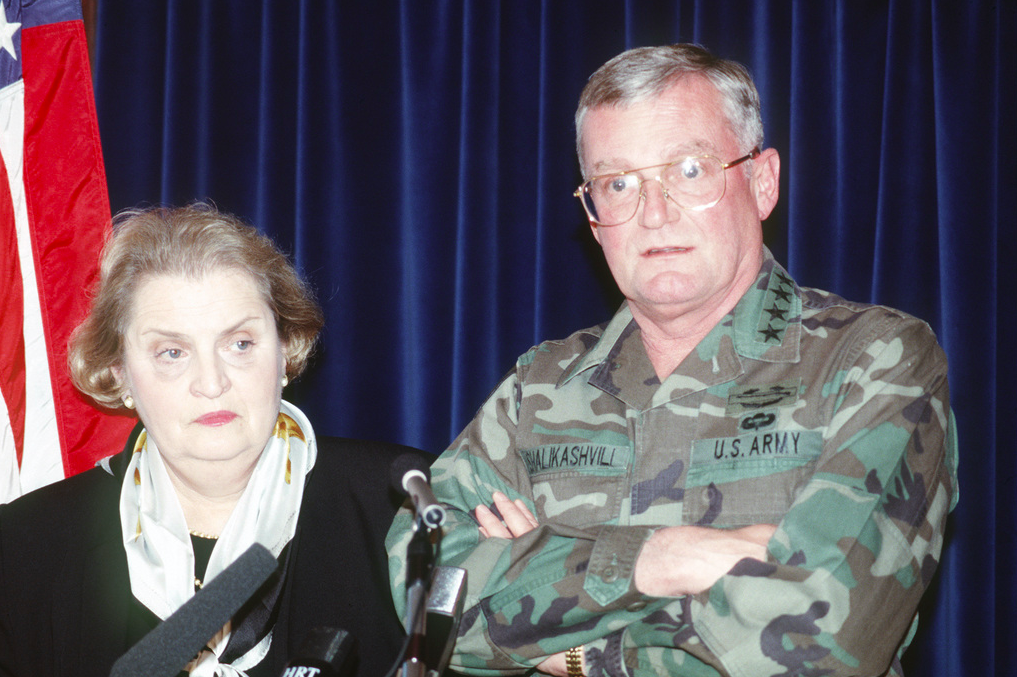 Gen. John Shalikashvili, chairman of the Joint Chiefs of STAFF, and Madeleine Korbel Albright, US Ambassador to the United Nations, holds a joint press conference at the airport in Zagreb, Croatia. Credit to SGT Yvette Walden/US National Archives