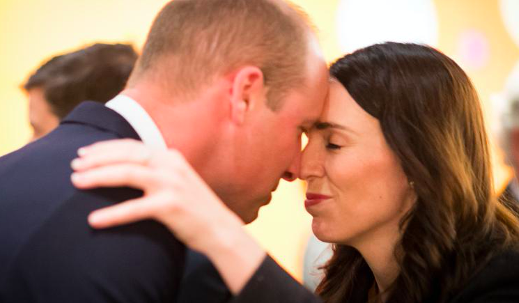 Prince William and Jacinda Ardern greeting each other with a hongi, a traditional Maori greeting, at Anzac Day service in Auckland on 25 April 2019. Credit to CNN