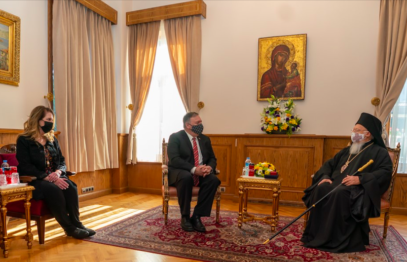 Susan Pompeo, US Secretary Michael Pompeo and Ecumenical Patriarch Bartholomew I on 17 November 2020. Retrieved SecPompeo Twitter