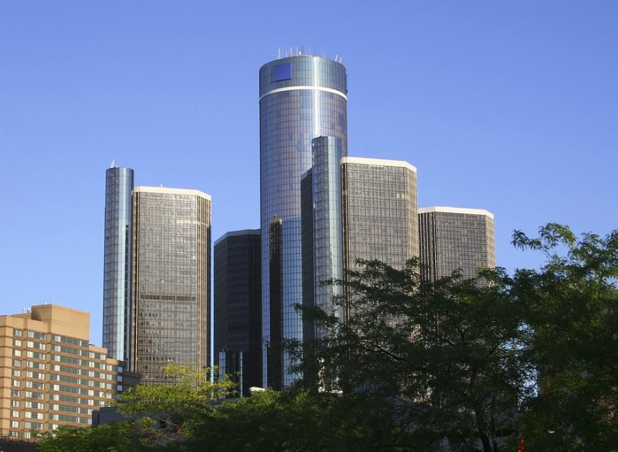 Renaissance Center (1973), owned by General Motors as its world headquarters, in Downtown Detroit, MI. Credit: Anna Chapay