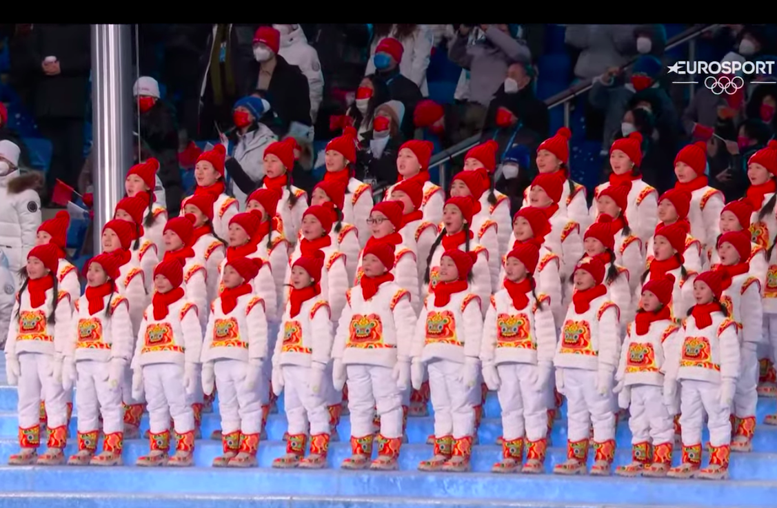 The children choir at the opening ceremony of the 2022 Winter Olympics. Screengrab from Eurosport