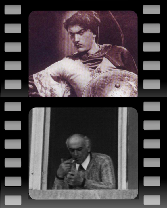 Chabua Amirejibi at the casting for King Luarsab in the film George Saakadze (1940); Chabua Amirejibi as George in the film When Almonds Blossomed (1972). Credit to Burusi/BRAMS