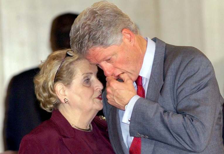 President Bill Clinton with Madeleine Albright before delivering the final statement at the Middle East Summit in the Egyptian resort town of Sharm el-Sheik, Egypt, on 17 October 2000. Credit to Jerome Delay/AP/CBSNews