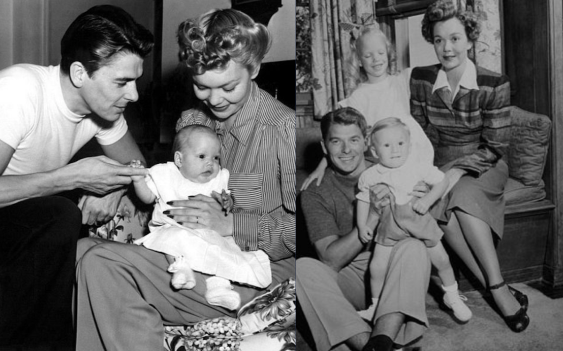 Ronald Reagan and Jane Wyman at home with their children Maureen and Michael. Credit to Pinterest/BRAMS