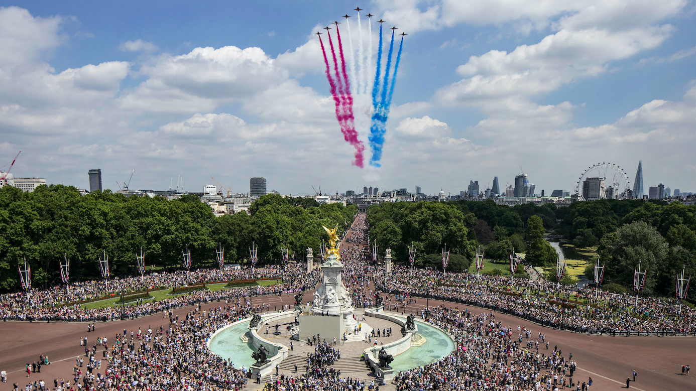 Royal Air Force flypast takes place over Buckingham Palace. Credit: Visit London
