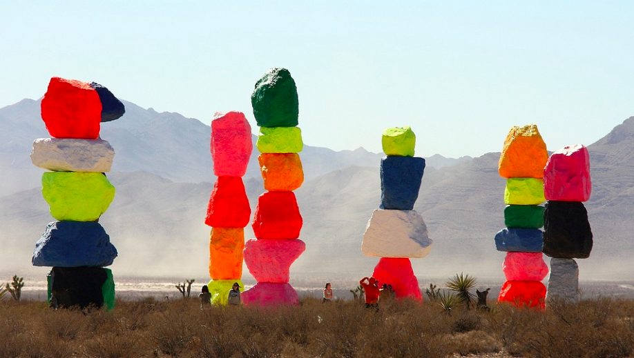 even Magic Mountains by Swiss artist Ugo Rondinone located in the desert outside of Las Vegas. Credit to Rudi Nockewel