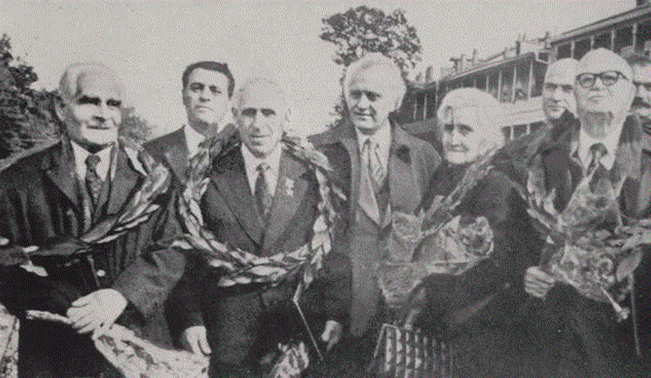 The first honorary citizens of Tbilisi Lado Gudiashvili, Constantine Iluridze, Shushana Chikovani, and Akaki Shanidze with Eduard Shevardnadze (middle) at the Tbilisi City Fest 1979