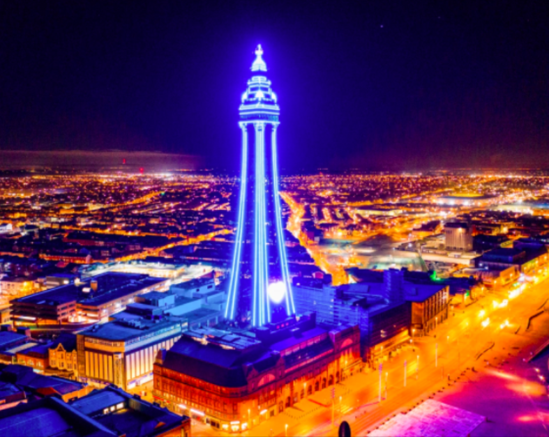 Blackpool Tower was lit up tonight in memory of Captain Tom Moore. Credit to BAV Media