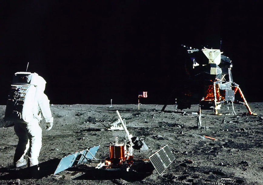 Buzz Aldrin stands near a scientific experiment on the lunar surface. Credit: The Telegraph/Getty Images