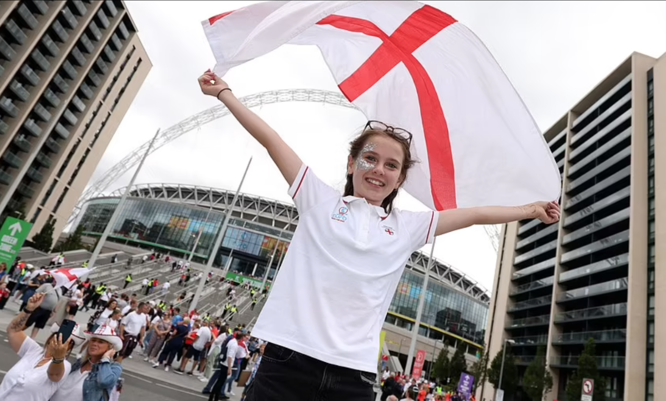 England fan Edith, 11, poses on Wembley Way before the UEFA Women's Euro 2022 final of England v Germany. Credit to PA