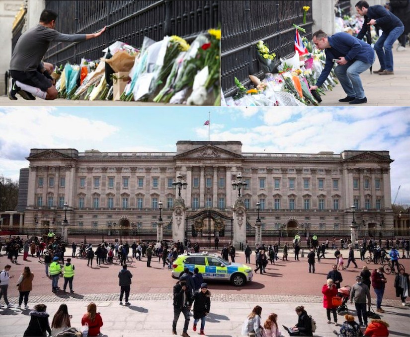 Mourners put bunches of flowers outside Buckingham Palace. Credit to BBC/Glyn Kirk/AFP/Getty Images/Reuters/BRAMS