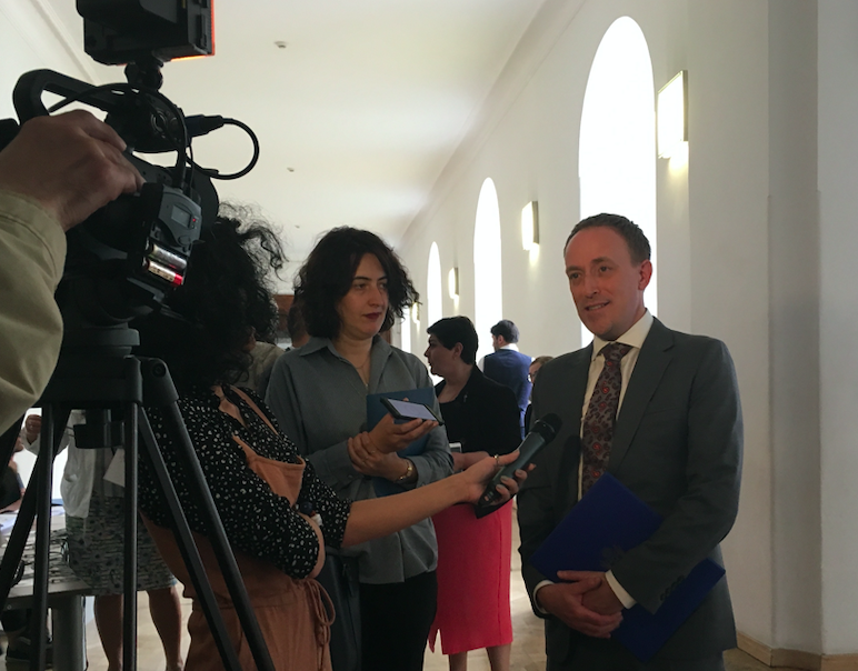 Acting Deputy Chief of Mission Jeffrey K. Reneau interviewed by Georgian journalists. Credit: BRAMS/Maia Nadareishvili