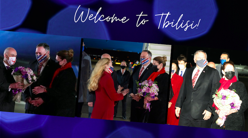 Michael and Susan Pompeo at Tbilisi International Airport on 17 November 2020. Credit to Patrick Semansky/Pool via Reuters / Retrieved Twitter and Facebook / Created by BRAMS