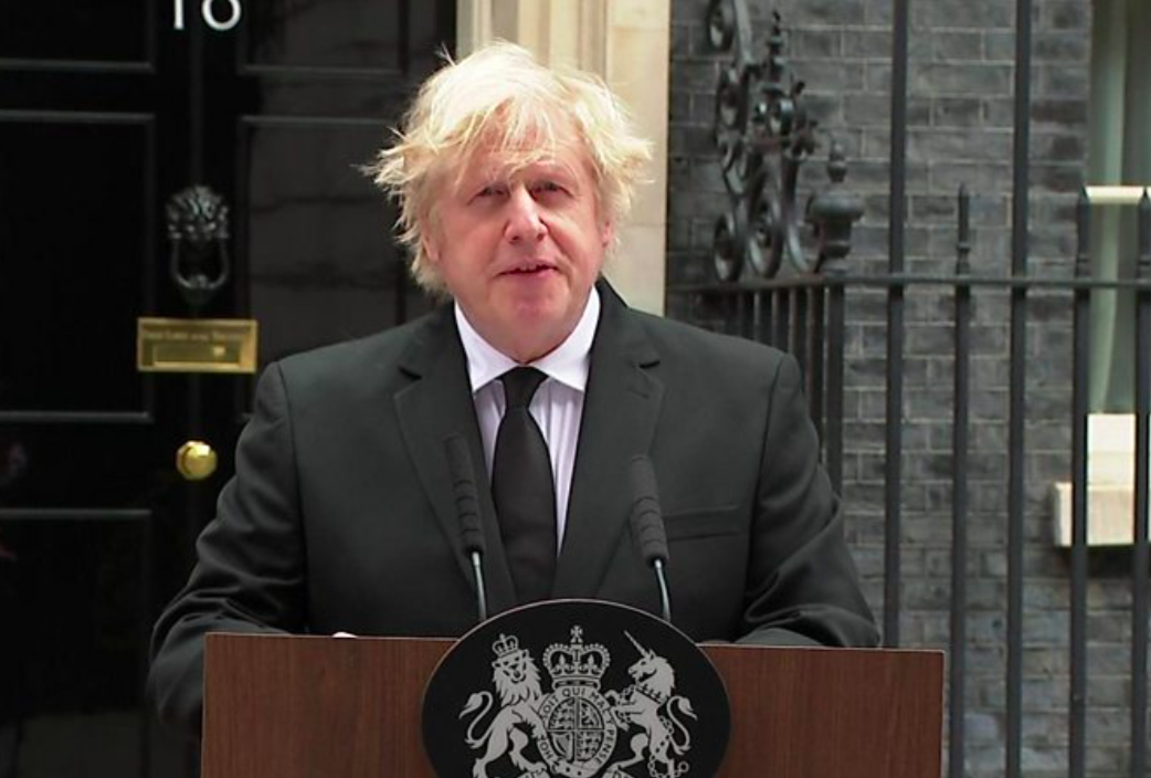 PM Boris Johnson says, "We remember the duke... above all for his steadfast support for Her Majesty the Queen". Screengrab from BBC News