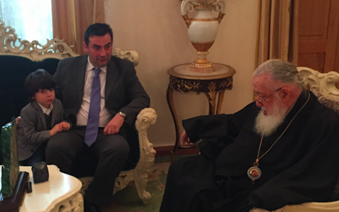 Prince George (L) and his father Prince David (C) visiting Elijah II, the Head of Georgian Orthodox Churce on 2 April 2016. Credit to Ambebi GE