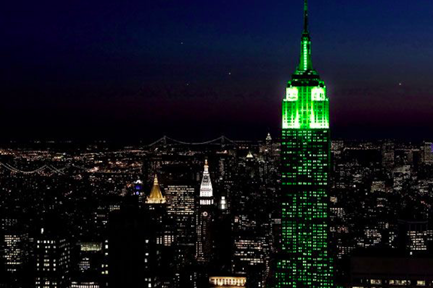 The Empire State Building in New York lit up in green. Credit: Christina McQueen