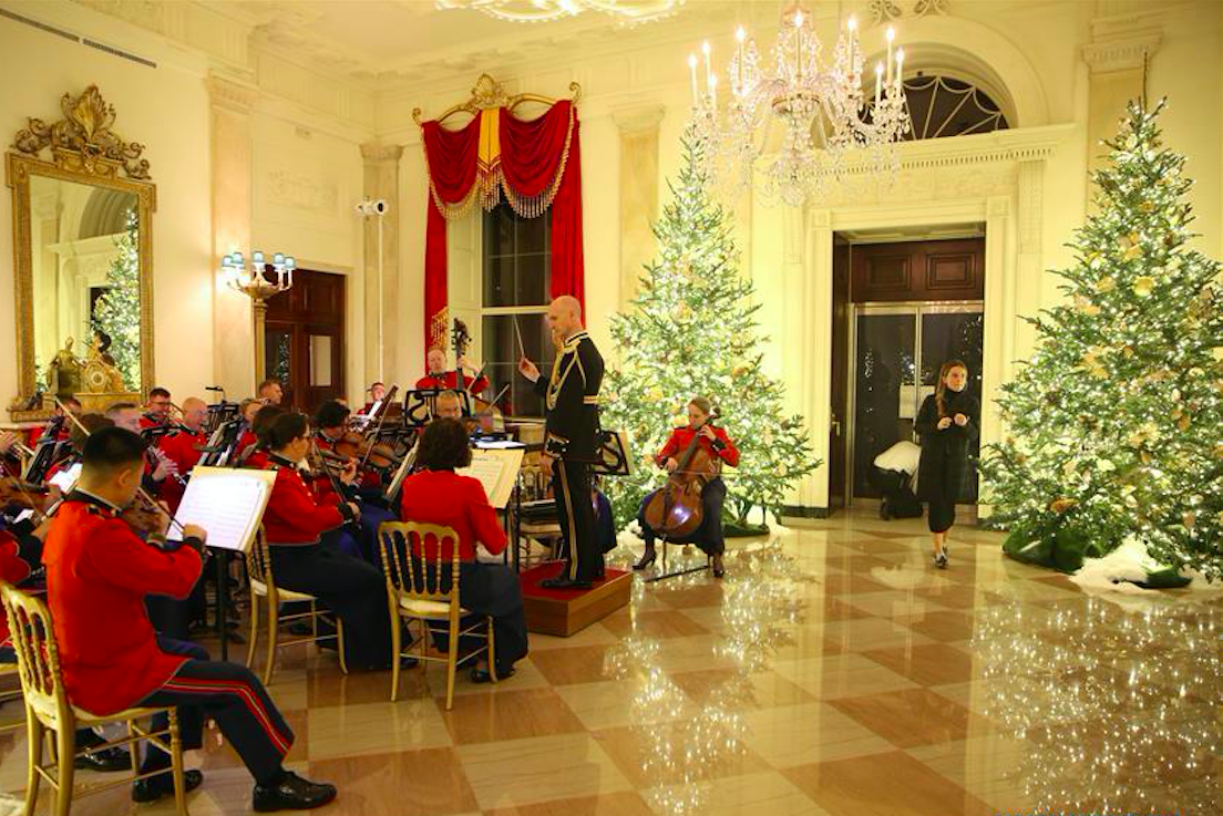Members of the US Marine Band perform during the press preview of the White House Christmas decorations on 2 Dec 2019. Credit: Xinhua/Hu Yousong