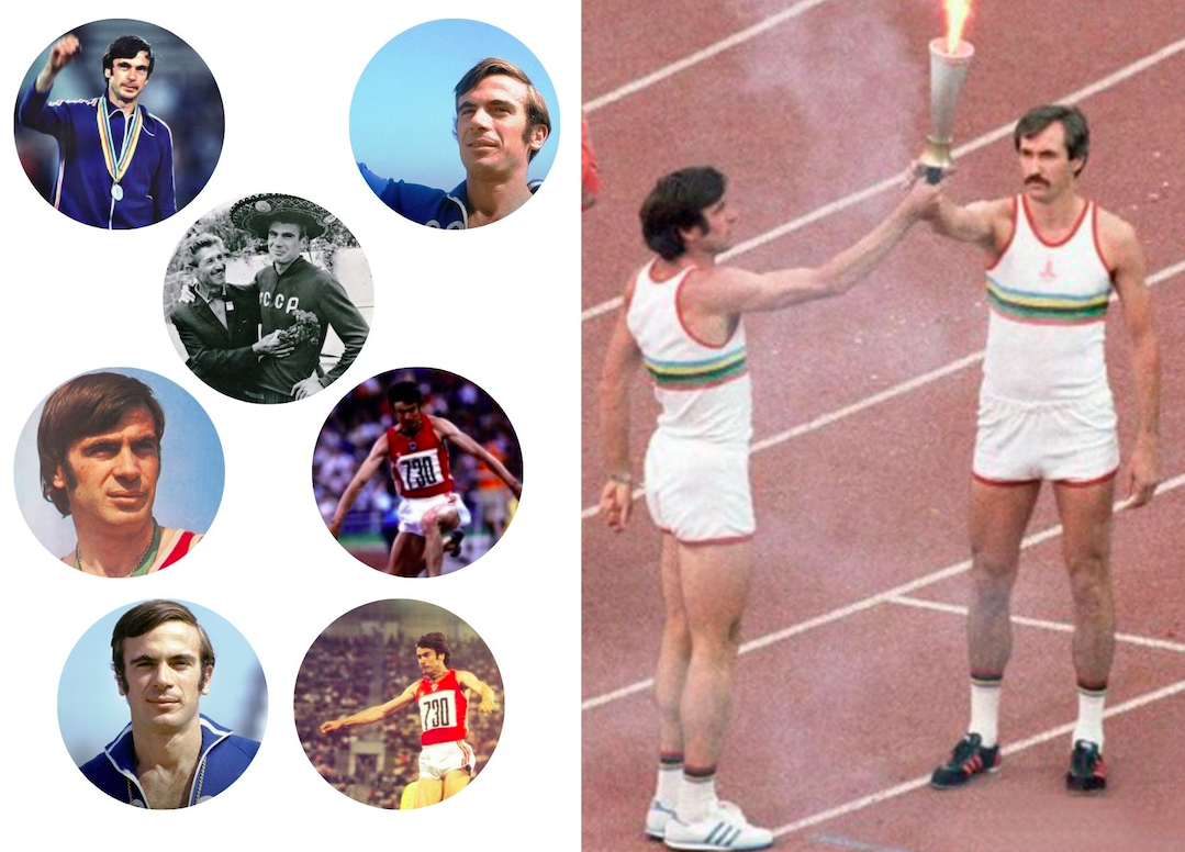 Viktor Saneyev hands in the Olympic torch to Sergei Belov. Credit to Geworld/My Goals Georgia/Ambebi GE/Olympic shop/NPLG