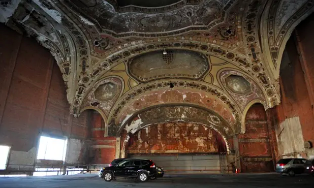Detroit’s once glorious but now decrepit Michigan Theatre, which has been transformed into a car park, takes part in The Grand Tour. Credit: AFP/AFP/Getty Images