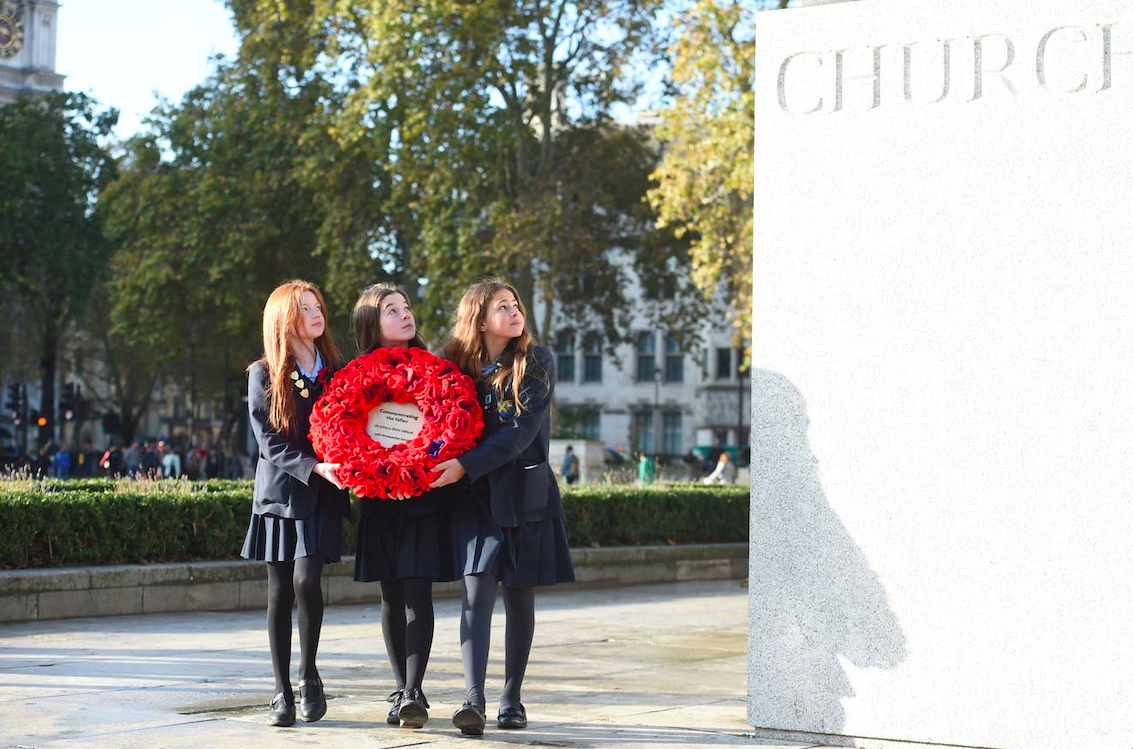Emily, Ruby, and Madison from St Albans Girls School in Parliament Square today. Credit: Jeremy Selwyn/The Standard