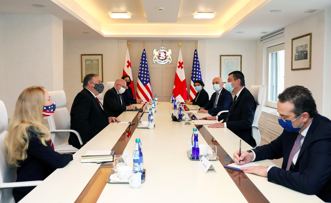 Kelly Degnan (L), Michael Pompeo (second from left), Davit Zalkaliani (third from right), Giorgi Gakharia (second from right), Davit Bakradze (R). Retrieved from Georgian Government Facebook
