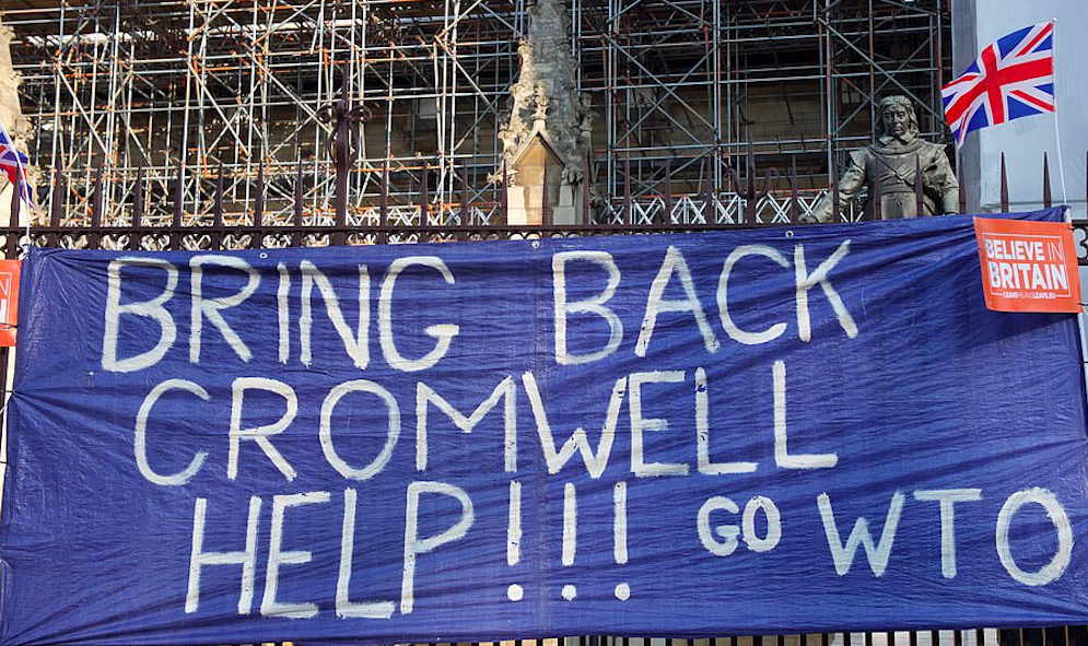 A Believe In Britain group pinned a blue banner to the Parliament railings, wishing for another Cromwell to come into power. Credit: The Daily Mail/Alan Stanford/PRiMe Media Images