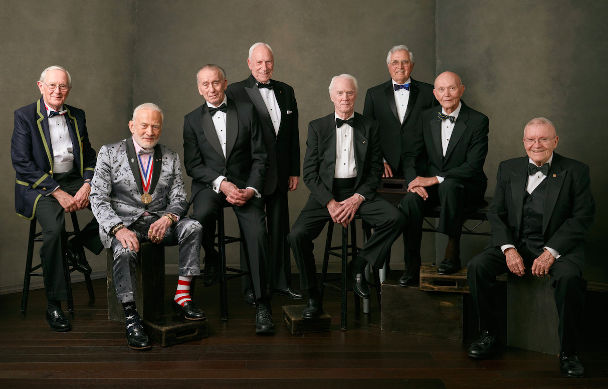 Eight surviving astronauts of the Apollo missions – Duke, Aldrin, Cunningham, Worden, Schweickart, Schmitt, Collins, and Haise. Credit: Felix Kunze/The Explorers Club