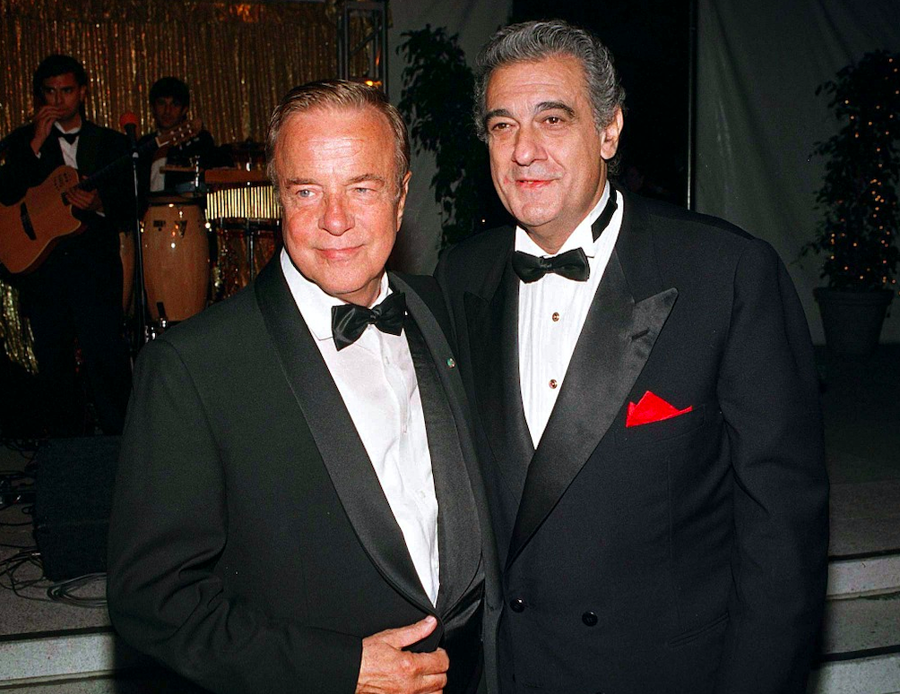 Franco Zeffirelli and Spanish tenor Placido Domingo at the party following the premiere of Zeffirelli's production of Ruggero Leoncavallo's Pagliacci. Credit: AFP/Reuters