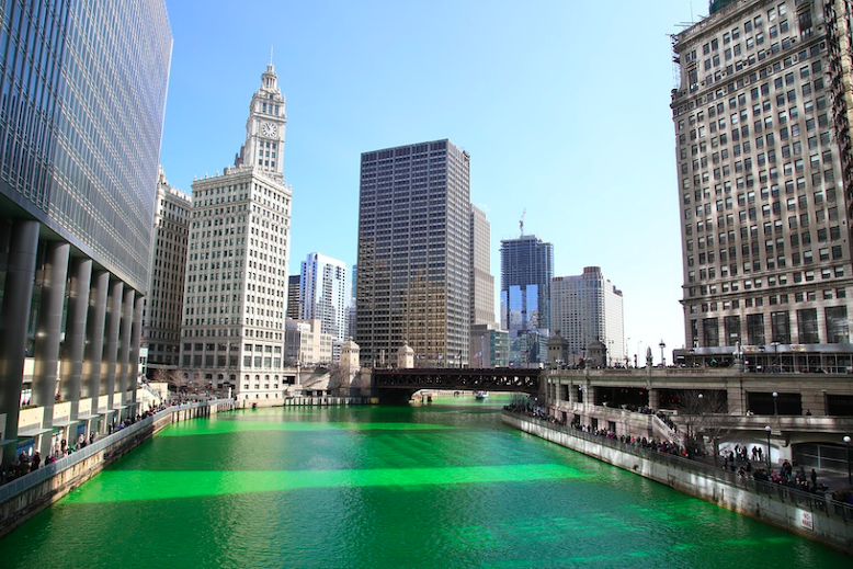 Green Chicago river in downtown on St Patrick's Day. Credit: Sam99929