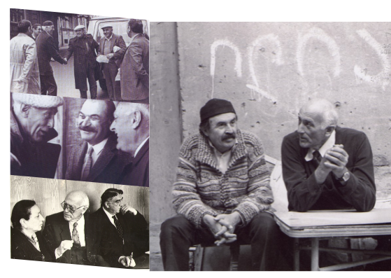 Nodar Dumbadze, Rezo Inanishvili (upper), Jansug Charkviani, Zaur Bolkvadze (C), Nana Ghvinepadze, Shota Nishnianidze (lower). Tonino Guerra visiting Chabua Amirejibi at the end of the 1970s. Credit to Tamar Javakhisvhili/NPLG/Burusi/BRAMS