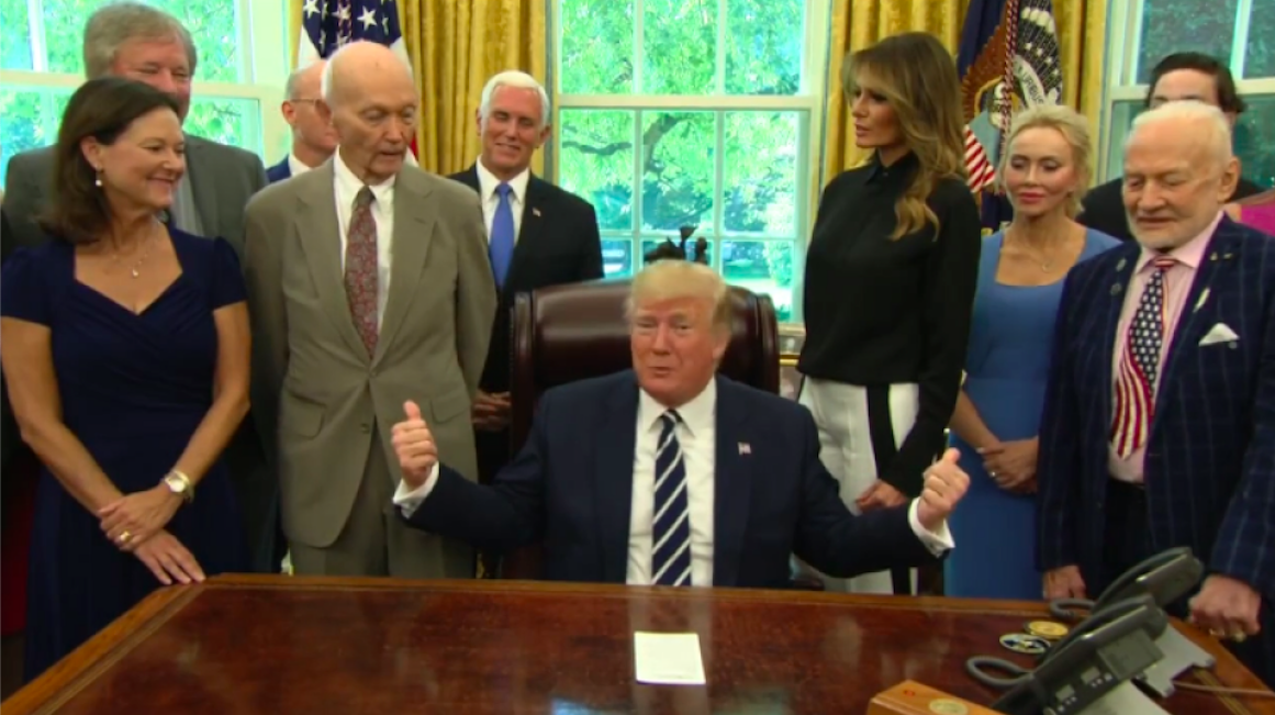 Collins and Aldrin meeting the President in the Oval Office on 19th July 2019. Credit: AP