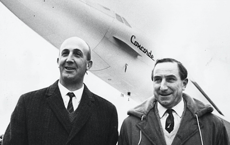 First Concorde test pilots, Frenchman Andre Turcat (left) and British Brian Trubshaw (right) in front of a Concorde in Bristol, England, on 9th December 1968. Credit: Dennis Oulds/Central Press/Getty Images