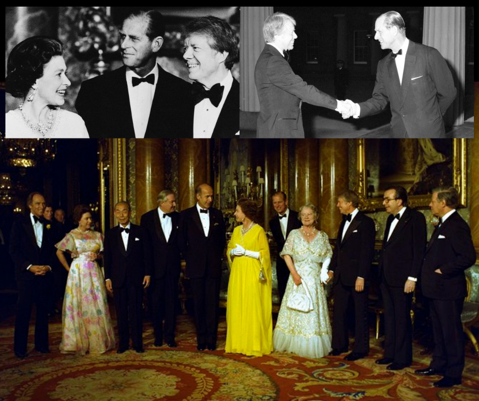 Prince Philip and Queen Elizabeth II with President Jimmy Carter in 1977. Credit to Jimmy Carter Presidential Library/Getty Images/PA/BRAMS