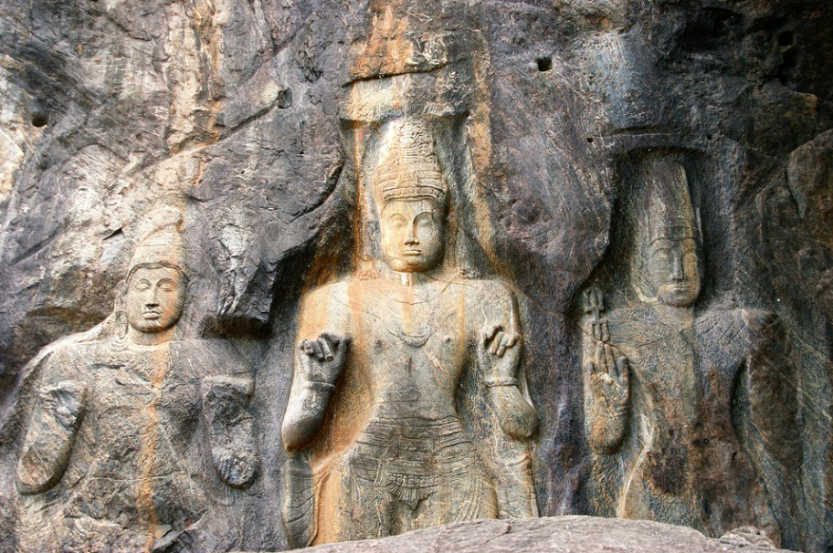 Prince Sudhana,&nbsp; white-painted Buddha and his consort, Tara at the face of&nbsp;Buduruwagala temple, Sri Lanka. Credit: Jessica Blue Elephants